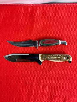 2 pcs Steel Fixed Blade Hunting Knives w/ Sheathes. Unknown Makers. 1 Made in Pakistan. See pics.