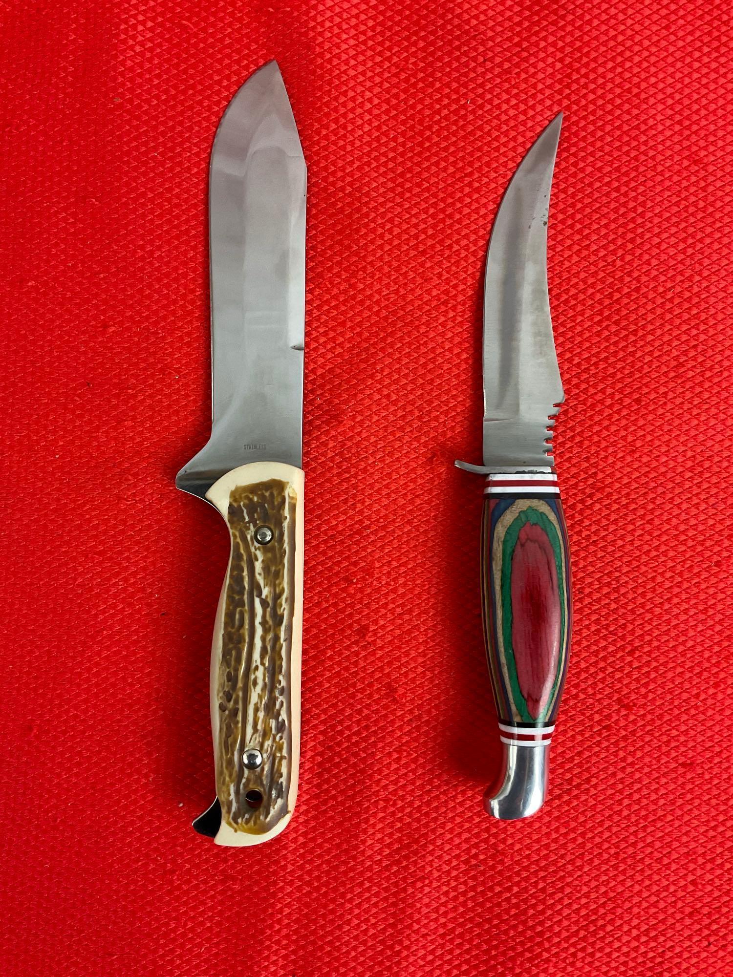2 pcs Steel Fixed Blade Hunting Knives w/ Sheathes. Unknown Makers. 1 Made in Pakistan. See pics.