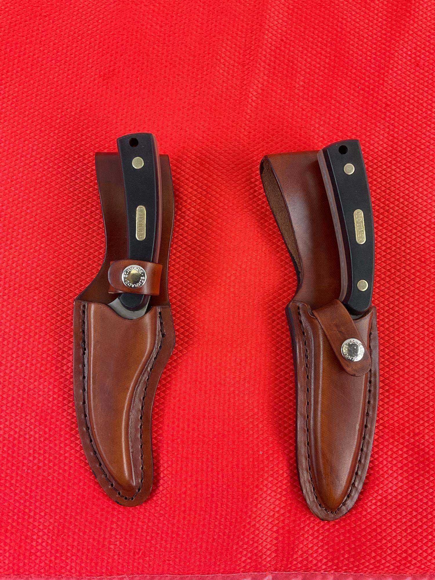 2 pcs Schrade Old Timer Stainless Steel Knives w/ Leather Sheaths. Models 1520T & 1580T. NIB. See
