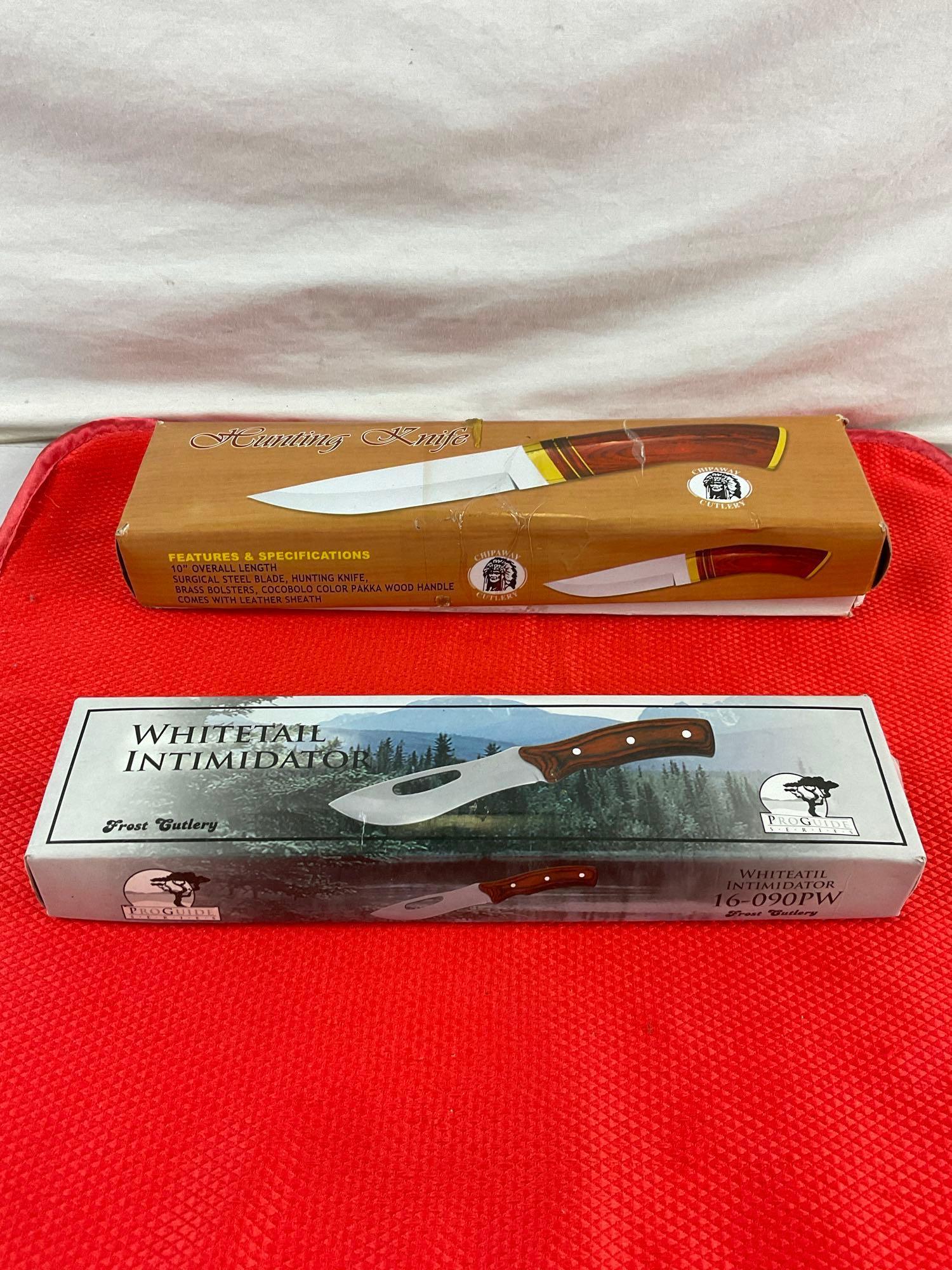 2 pcs Stainless Steel Hunting Knives w/ Sheathes. Chipaway 10" Knife & Frost 9" Knife. NIB. See