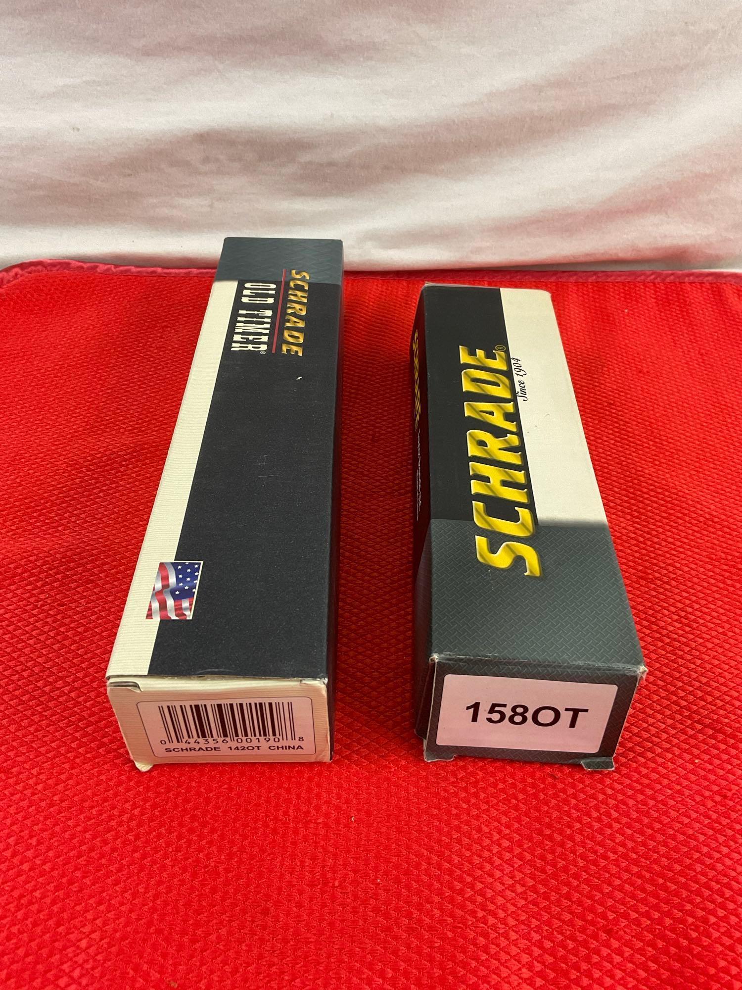 2 pcs Schrade Old Timer Stainless Steel Knives w/ Sheathes. Model No. 1420T & 1580T. NIB. See pics.
