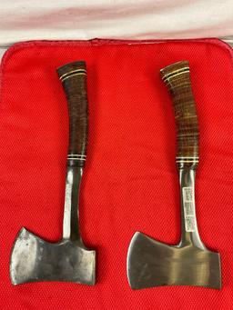 2 pcs Vintage Estwing 14" Steel Camping Hatchets w/ Original Embossed Leather Sheathes #1. See pi...