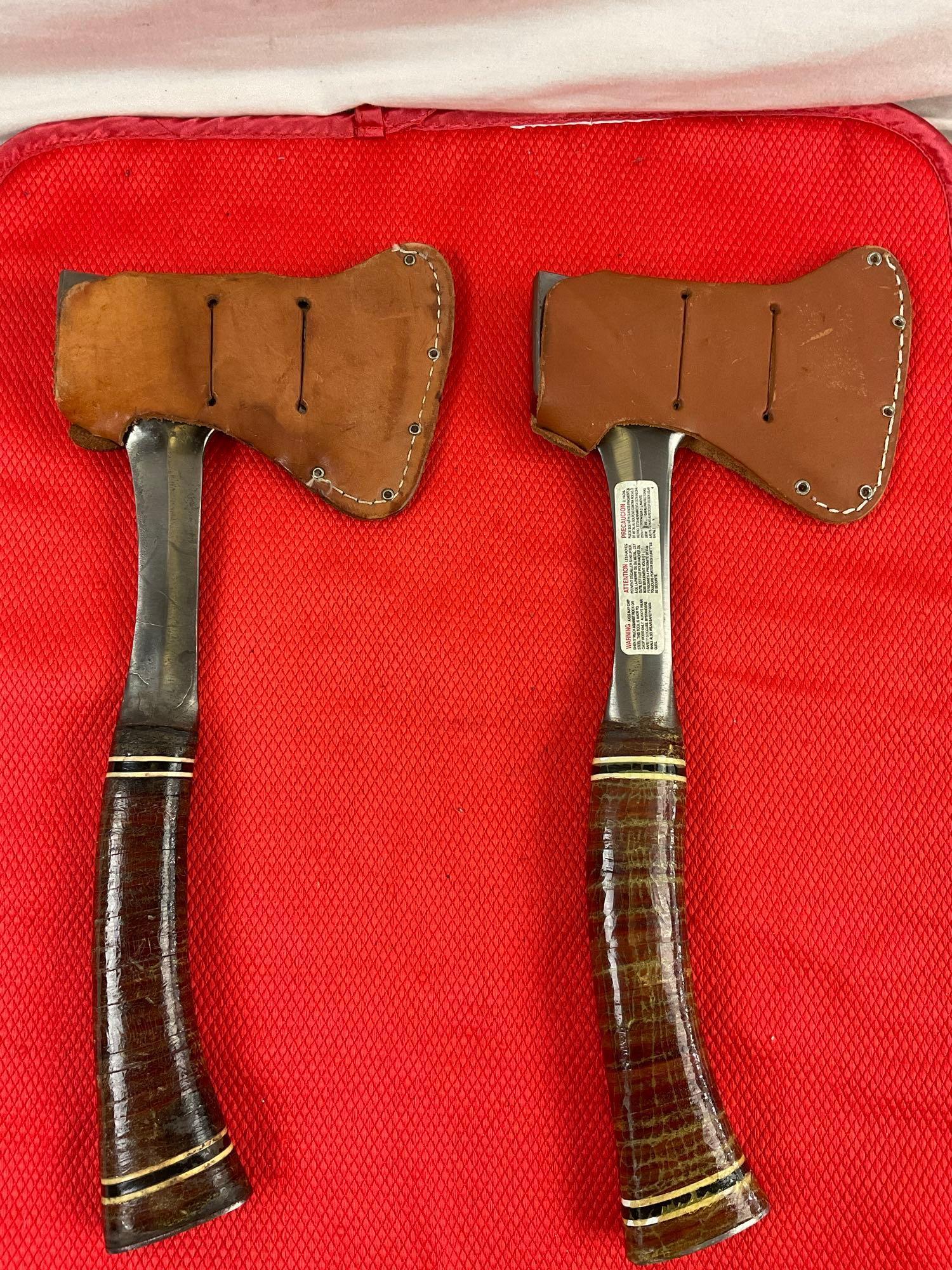2 pcs Vintage Estwing 14" Steel Camping Hatchets w/ Original Embossed Leather Sheathes #1. See pi...