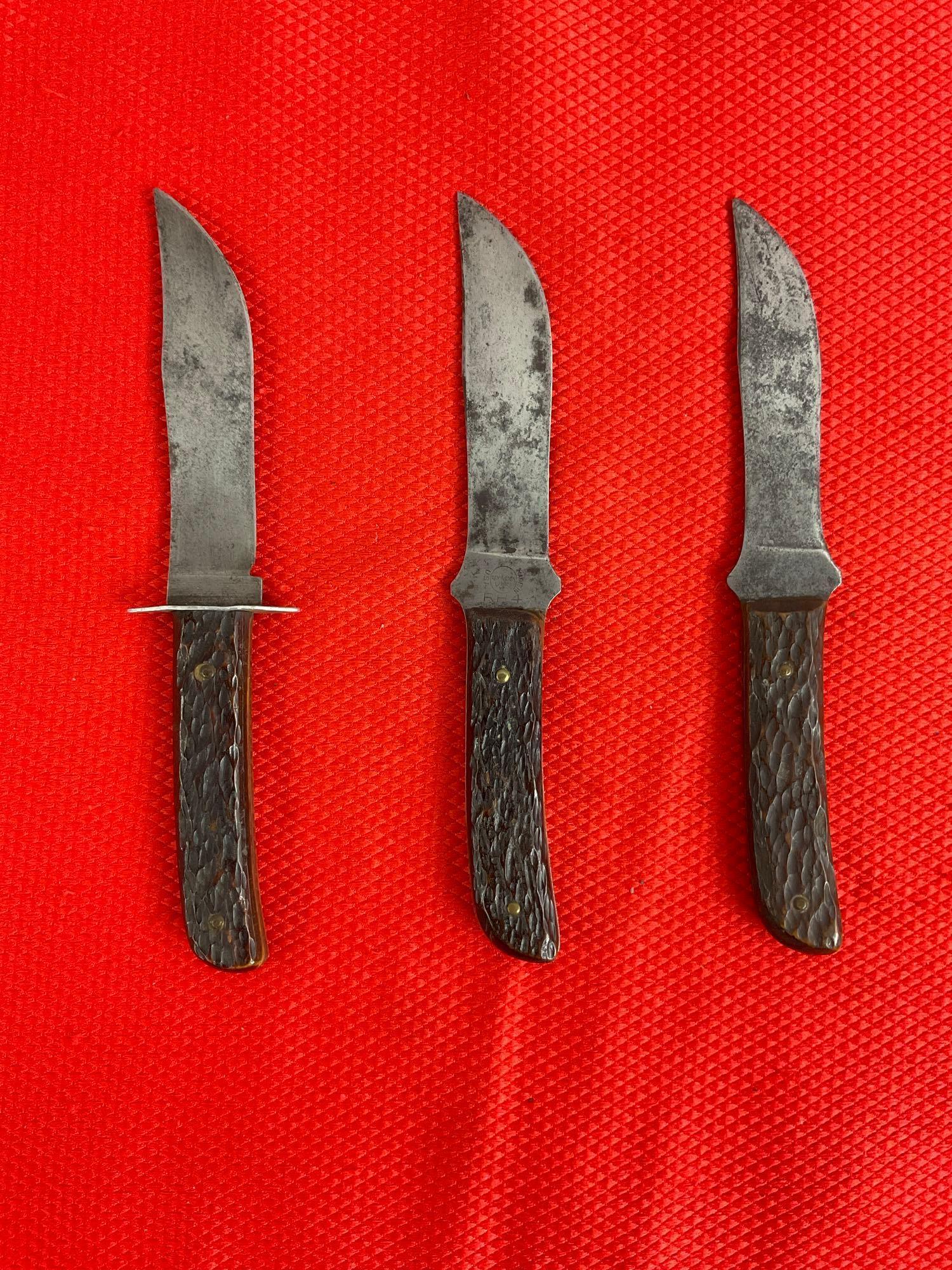 3 pcs Vintage Remington 4" Steel Fixed Blade Hunting Knives w/ Leather Sheathes Model RH-4. See