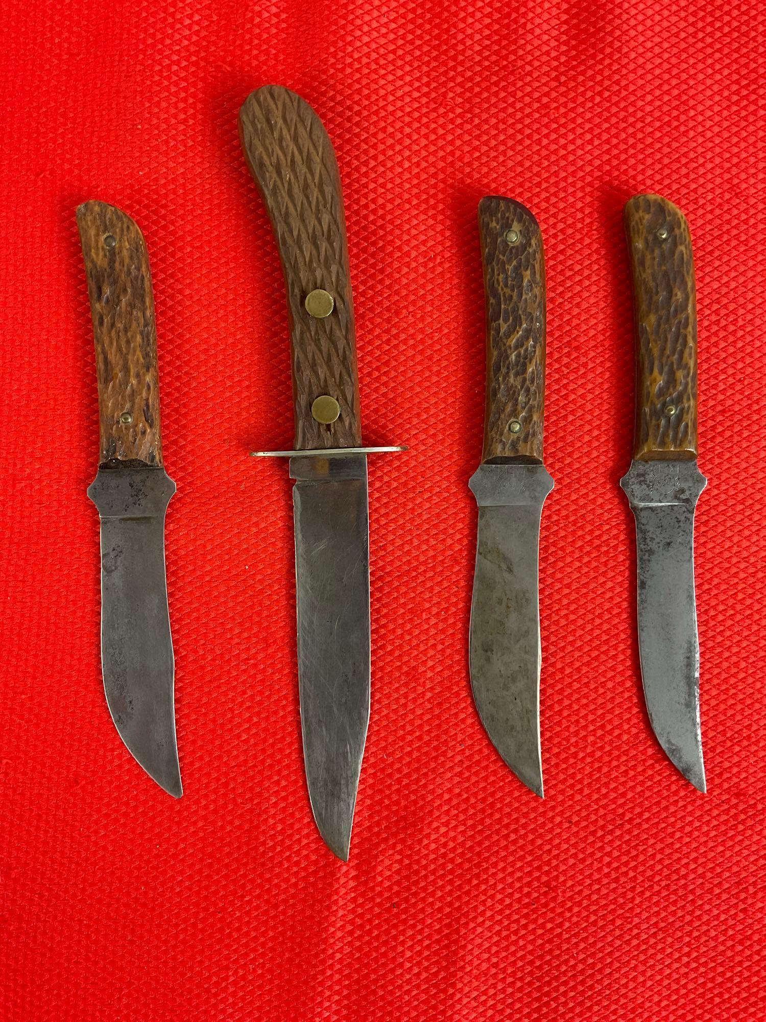 4 pcs Vintage Remington Steel Fixed Blade Hunting Knives. 3x Models RH-4 & 1 RH-6. 3 Sheathes. See