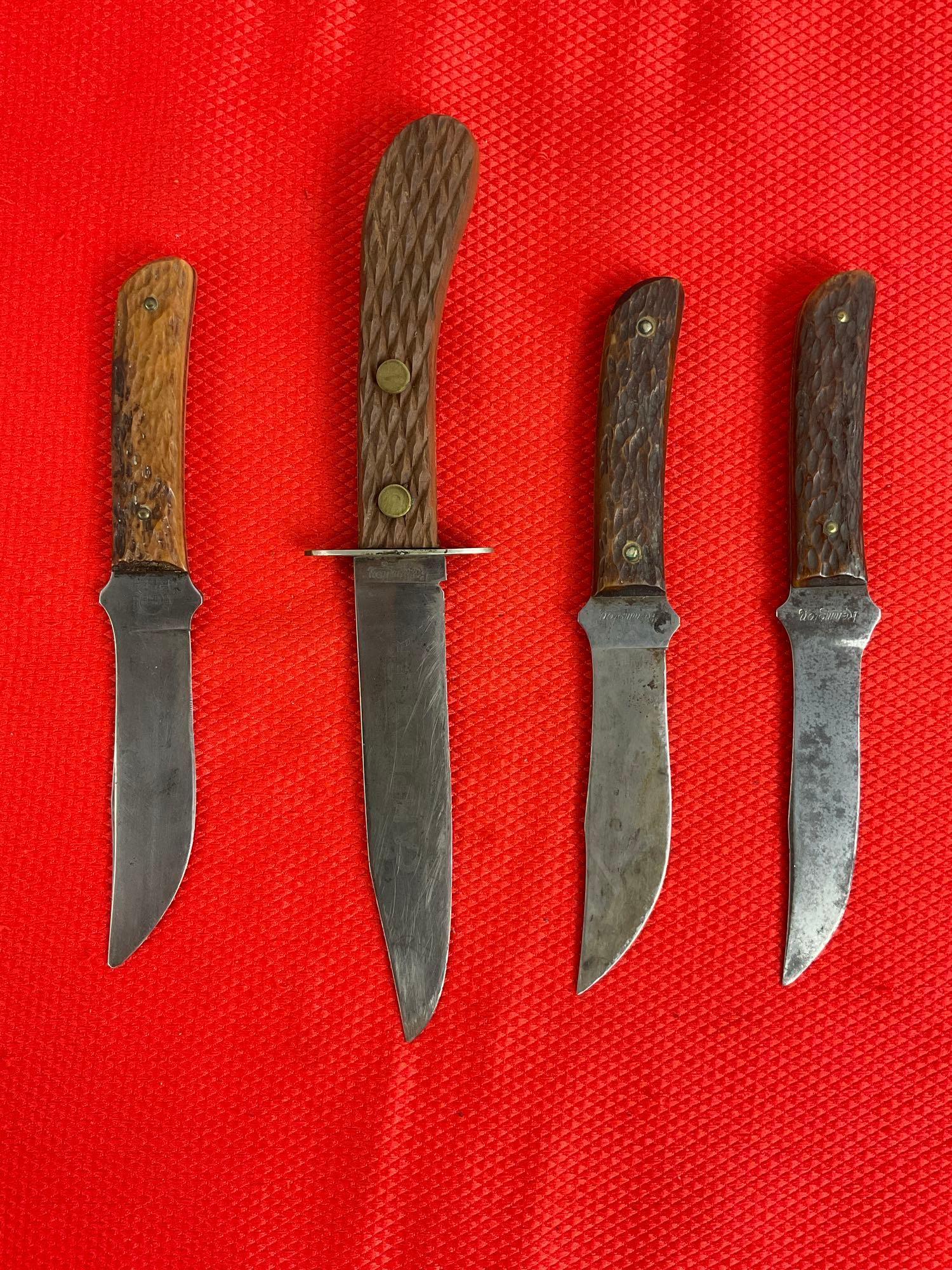 4 pcs Vintage Remington Steel Fixed Blade Hunting Knives. 3x Models RH-4 & 1 RH-6. 3 Sheathes. See