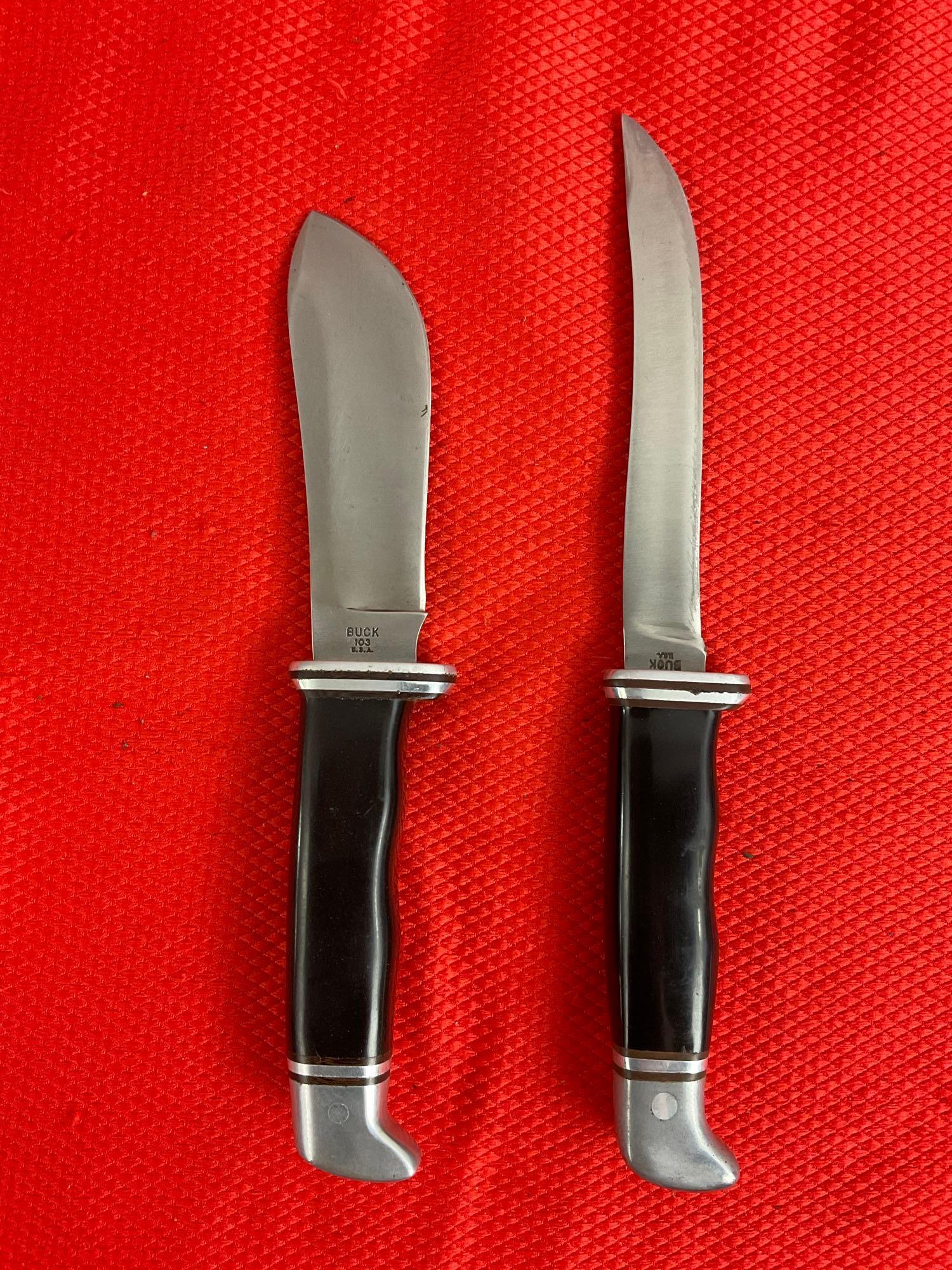 2 pcs Buck Steel Fixed Blade Hunting Knives w/ Leather Sheathes & Composite Handles. Model 103. See