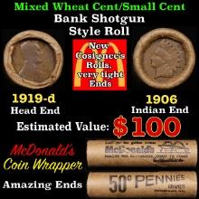 Lincoln Wheat Cent 1c Mixed Roll Orig Brandt McDonalds Wrapper, 1919-d end, 1906 Indian other end