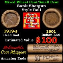 Lincoln Wheat Cent 1c Mixed Roll Orig Brandt McDonalds Wrapper, 1919-s end, 1901 Indian other end