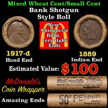Lincoln Wheat Cent 1c Mixed Roll Orig Brandt McDonalds Wrapper, 1917-d end, 1889 Indian other end
