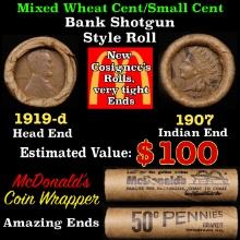 Lincoln Wheat Cent 1c Mixed Roll Orig Brandt McDonalds Wrapper, 1919-d end, 1907 Indian other end