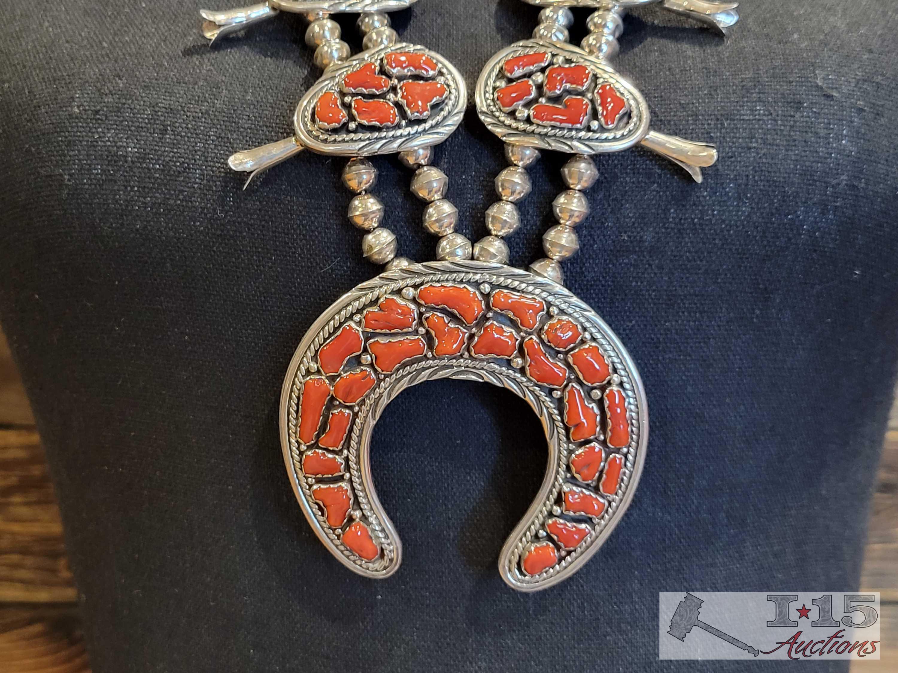 Native American Sterling Silver Coral Set, 254g