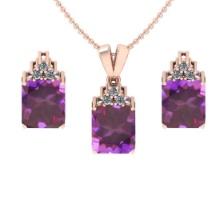 5.00 Ctw VS/SI1 Amethyst and Diamond 14K Rose Gold Pendant +Earrings Necklace Set (ALL DIAMOND ARE L