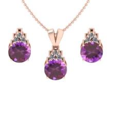 4.65 Ctw VS/SI1 Amethyst and Diamond 14K Rose Gold Pendant +Earrings Necklace Set (ALL DIAMOND ARE L