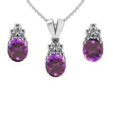 4.20 Ctw VS/SI1 Amethyst and Diamond 14K White Gold Pendant +Earrings Necklace Set (ALL DIAMOND ARE