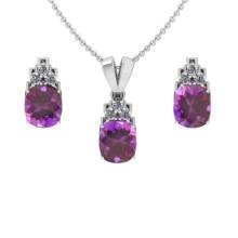 7.95 Ctw VS/SI1 Amethyst and Diamond 14K White Gold Pendant +Earrings Necklace Set (ALL DIAMOND ARE