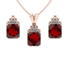 5.00 Ctw VS/SI1 Garnet and Diamond 14K Rose Gold Pendant +Earrings Necklace Set (ALL DIAMOND ARE LAB