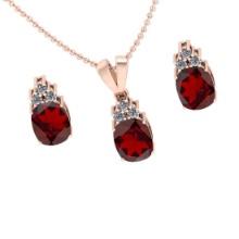 7.95 Ctw VS/SI1 Garnet and Diamond 14K Rose Gold Pendant +Earrings Necklace Set (ALL DIAMOND ARE LAB