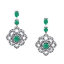 5.20 Ctw VS/SI1 Emerald And Diamond 14K White Gold Dangling Earrings (ALL DIAMOND ARE LAB GROWN )