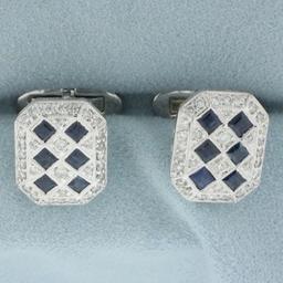 Sapphire And Diamond Harlequin Deco Design Cufflinks In 18k White Gold