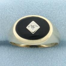 Mens Vintage Onyx And Diamond Signet Ring In 10k Yellow Gold