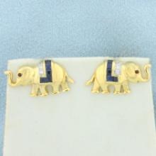 Sapphire, Ruby, And Diamond Elephant Earrings In 18k Yellow Gold