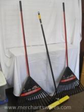 Two Plastic Leaf Rakes, 30 Inch Extra Wide True Temper Clog Free Rakes, One has slight Damage - see
