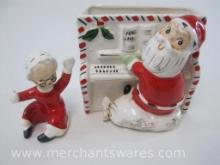 Ceramic Santa at the Piano Planter marked AX4473B with Lefton's Mrs Claus Ceramic Candle Hugger 707,