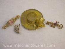 Four Vintage Gold Tone Pins with Flowers, 2 oz