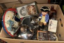 Box of Collectibles- Old Bottles, Tin Tray, Ice Bucket, Glass Paper Weights and more