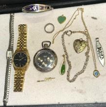 silver Bracelet from Mexico, Jade Pendants, Fire opal Necklace, pocket watch and more