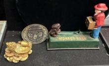 Collectibles- Vtg Cast Iron Coin Bank, Pendleton Whiskey Belt Buckle and Dragon/Turtle Figurine