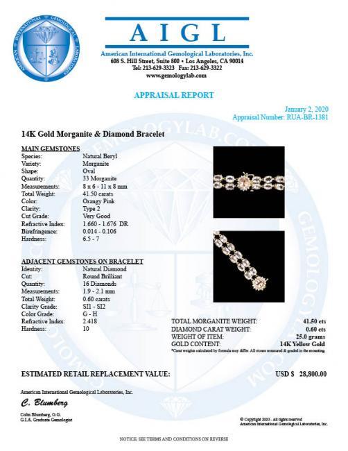 14k Gold 41.5ct Morganite 0.60ct Diamond Bracelet