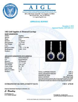 14k Gold 6.0ct Sapphire 1.60ct Diamond Earrings