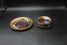 Hand-Painted Cranberry Glass Serving Plate And 6 Matching Small Plates