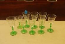 9 Green Stemmed Etched Goblets