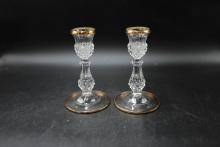 Pair Crystal Candle Holders With Gold Trim