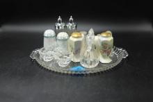 Glass Tray With assorted Salt And Pepper Shakers