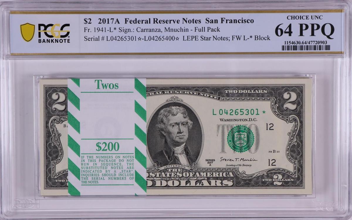 Pack 2017A $2 Federal Reserve STAR Notes SF Fr.1941-L* PCGS Choice Uncirculated 64PPQ