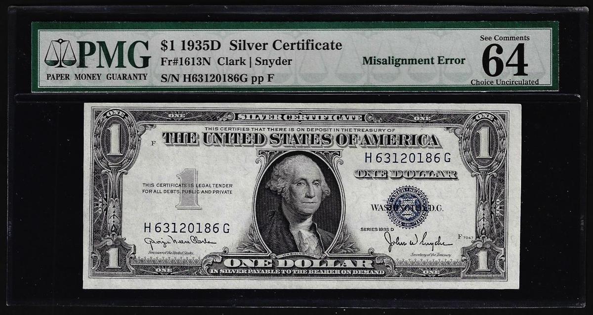 1935D $1 Silver Certificate Note Misalignment Error PMG Choice Uncirculated 64