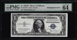 1935D $1 Silver Certificate Note Misalignment Error PMG Choice Uncirculated 64