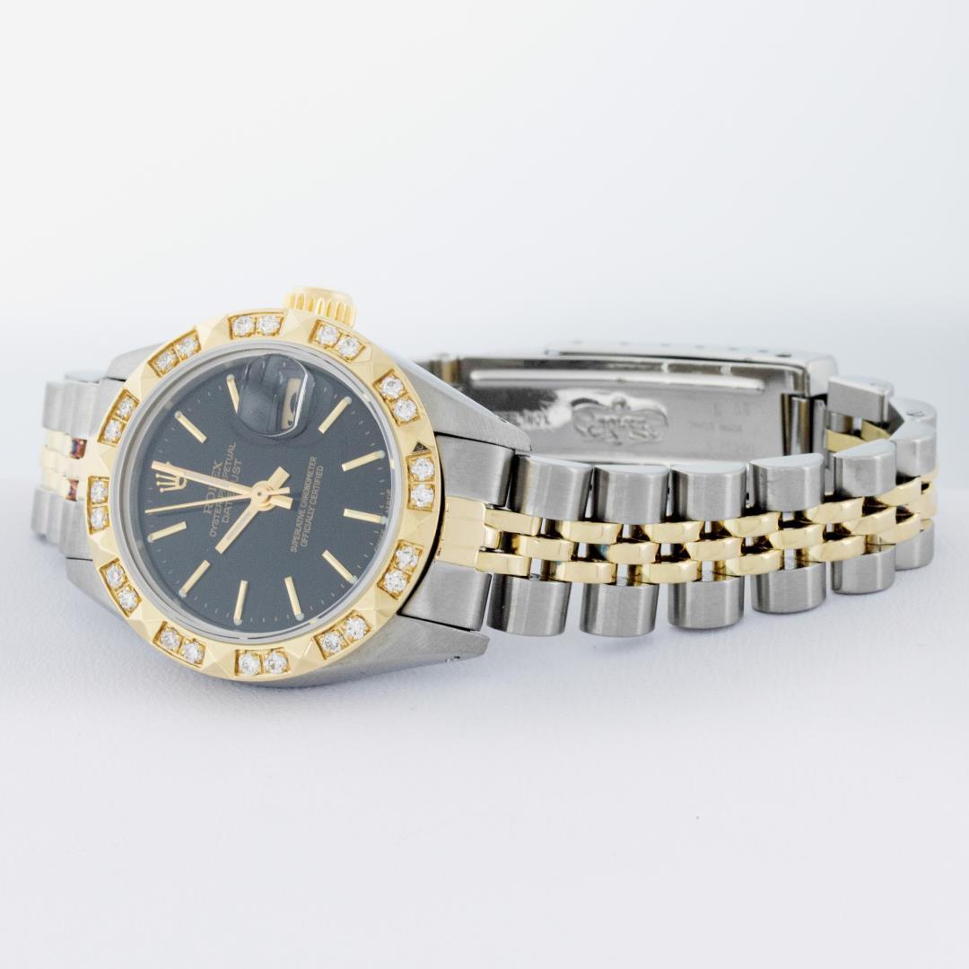 Rolex Ladies Two Tone Black Index Diamond Date Wristwatch