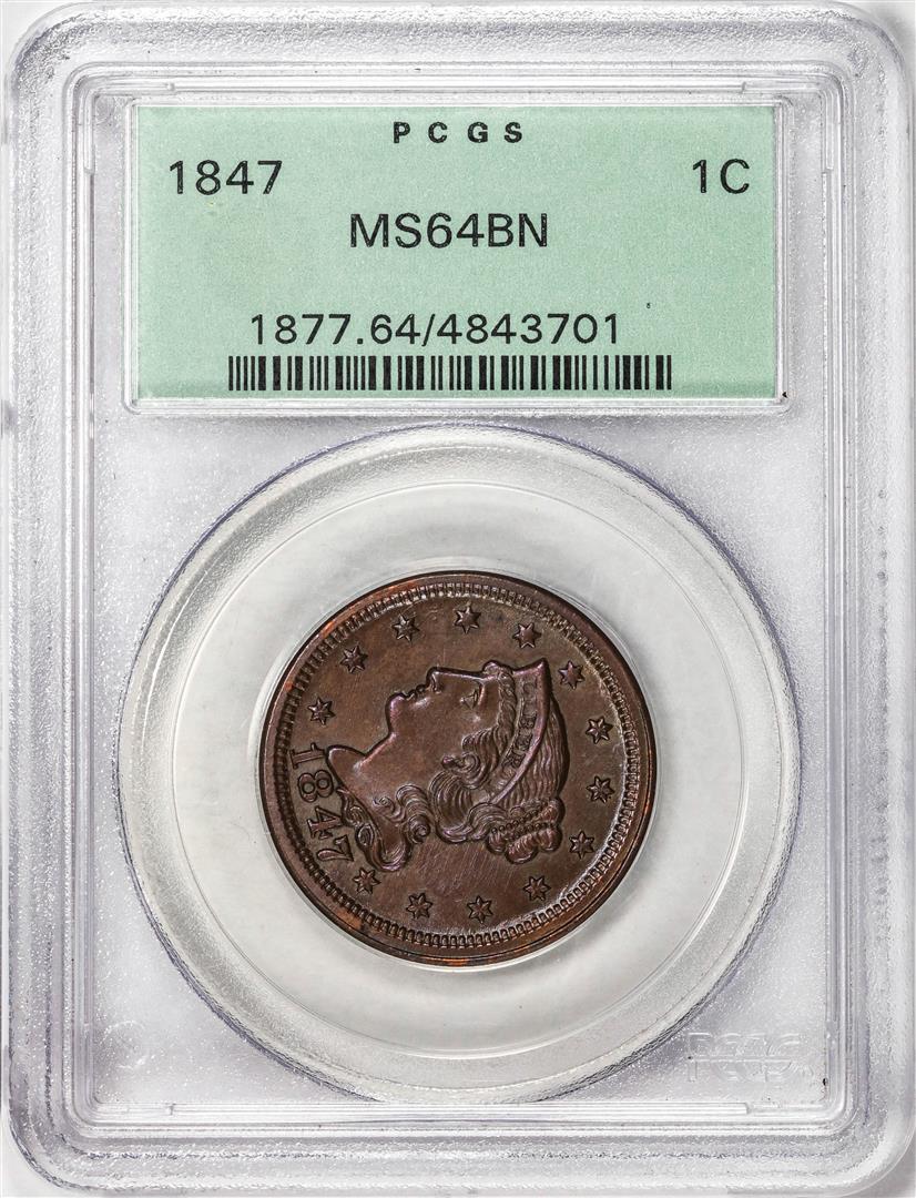 1847 Coronet Head Large Cent Coin PCGS MS64BN Old Green Holder