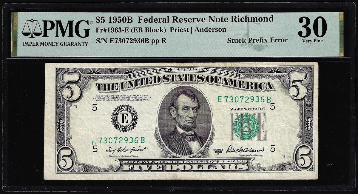 1950B $5 Federal Reserve Note Richmond Stuck Prefix Error Fr.1963-E PMG Very Fine 30