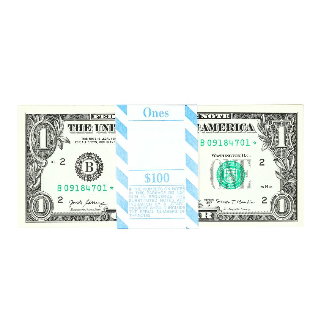 Pack of (100) Consecutive 2017A $1 Federal Reserve STAR Notes New York