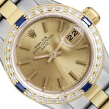 Rolex Ladies Two Tone Sapphire and Diamond Date Wristwatch With Rolex Box
