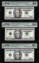 (3) Consec. 1996 $20 Federal Reserve Offset Error Notes PMG Ch. Uncirculated 64/65EPQ