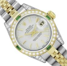 Rolex Ladies Two Tone Silver Index Emerald and Diamond Datejust Wristwatch