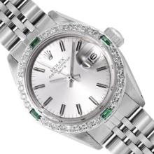Rolex Ladies Stainless Steel Silver Index Emerald and Diamond Date Wirstwatch