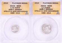 Set of 2014 Proof 1/10 & 1/4 oz Platinum JFK Apollo 11 Anniversary Medals ANACS MS69